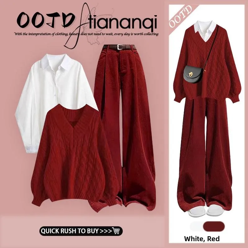 

Красный вязаный свитер с V-образным вырезом и узором «косы», комплект из трех предметов: многослойная винтажная рубашка в гонконгском стиле, топ и прямые широкие брюки.