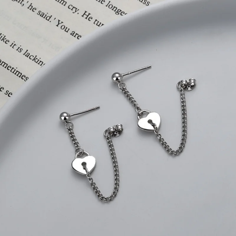 CIAXY Silver Color Retro Love Heart Lock Earrings for Women Back Hanging Long Chain Earrings  New Trendy Jewelry