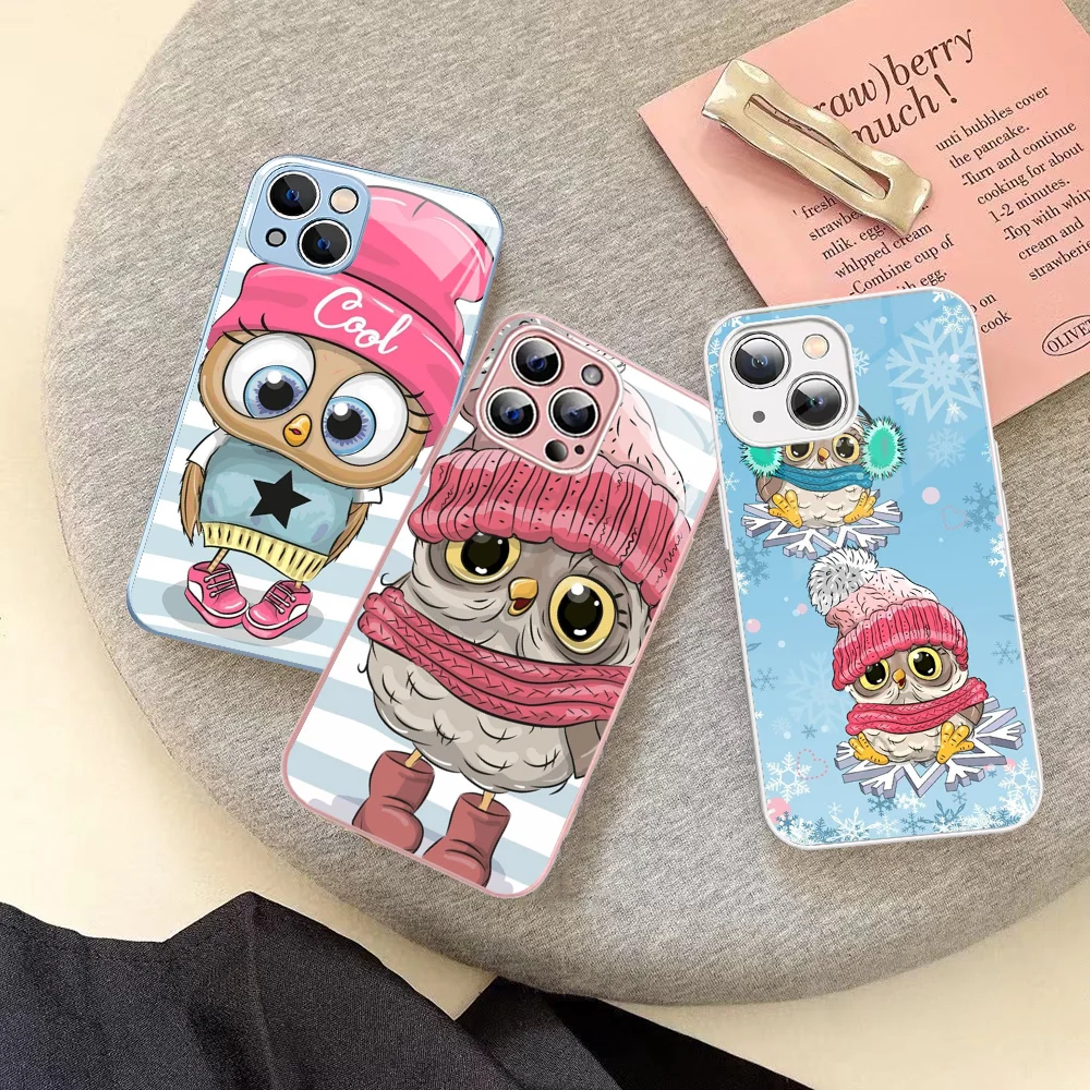 Cute Owl Phone Case Tempered Glass For Iphone 14 13 12 11 Pro Mini XS MAX 14Plus X XS XR Cover