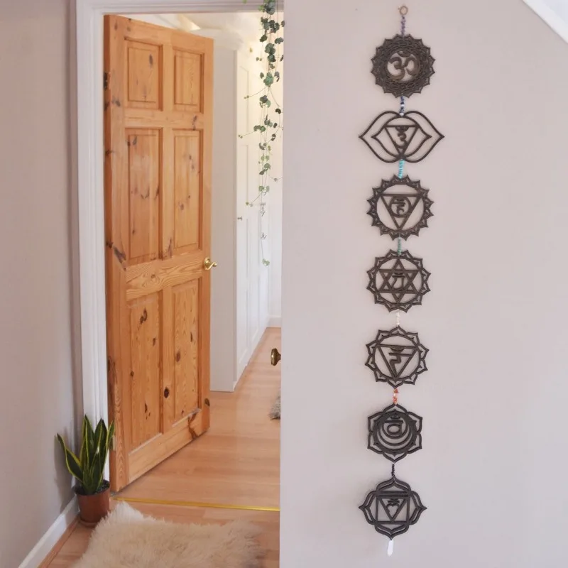 1pcs Bohemian Natural Crystal Wood Wall Hanger Macrame Wind Chime Home Decor for Bedroom Living Room Nursery Wall Art Ornament