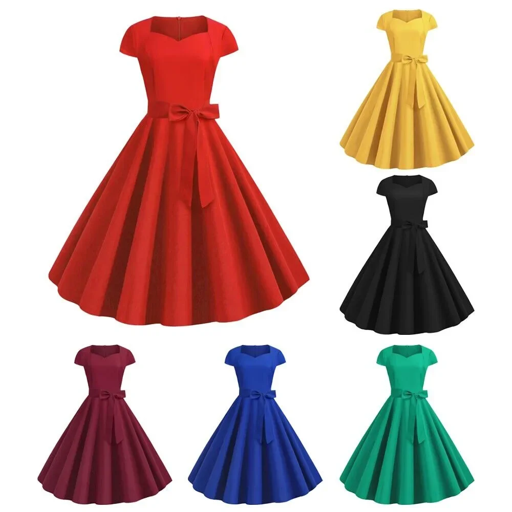 

Summer Solid Yellow Color 50s 60s Vintage Dress Women Short Sleeve Square Collar Elegant Office Party Midi Dresses Belt