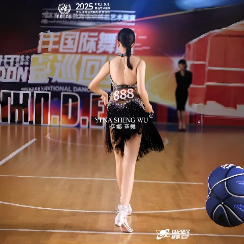 Concorso di danza latina Abito da piscina nero di fascia alta con diamanti personalizzati con giunture di perle Samba Performance Abbigliamento da donna