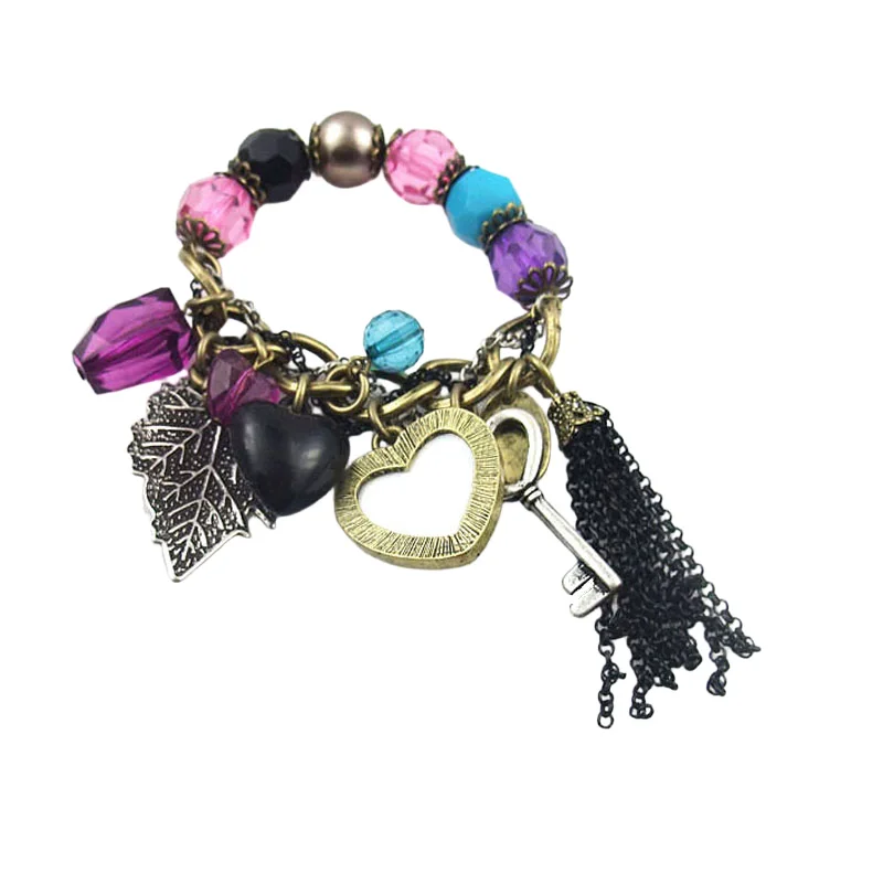 Leaf Key Heart Peacock Tail Chain Tassel Cluster Faux Gems Bead Elastic Bracelet Womens Charm Bangle Vintage Fashion Jewelry
