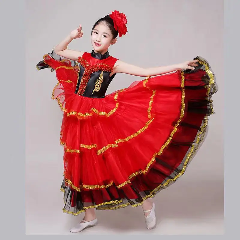 Kinder Spanisch Flamengo Kleid für Mädchen Stierkampf Kinder Bauchtanz Kostüm Ballsaal Zigeuner Chor Bühne Performance Vestidos