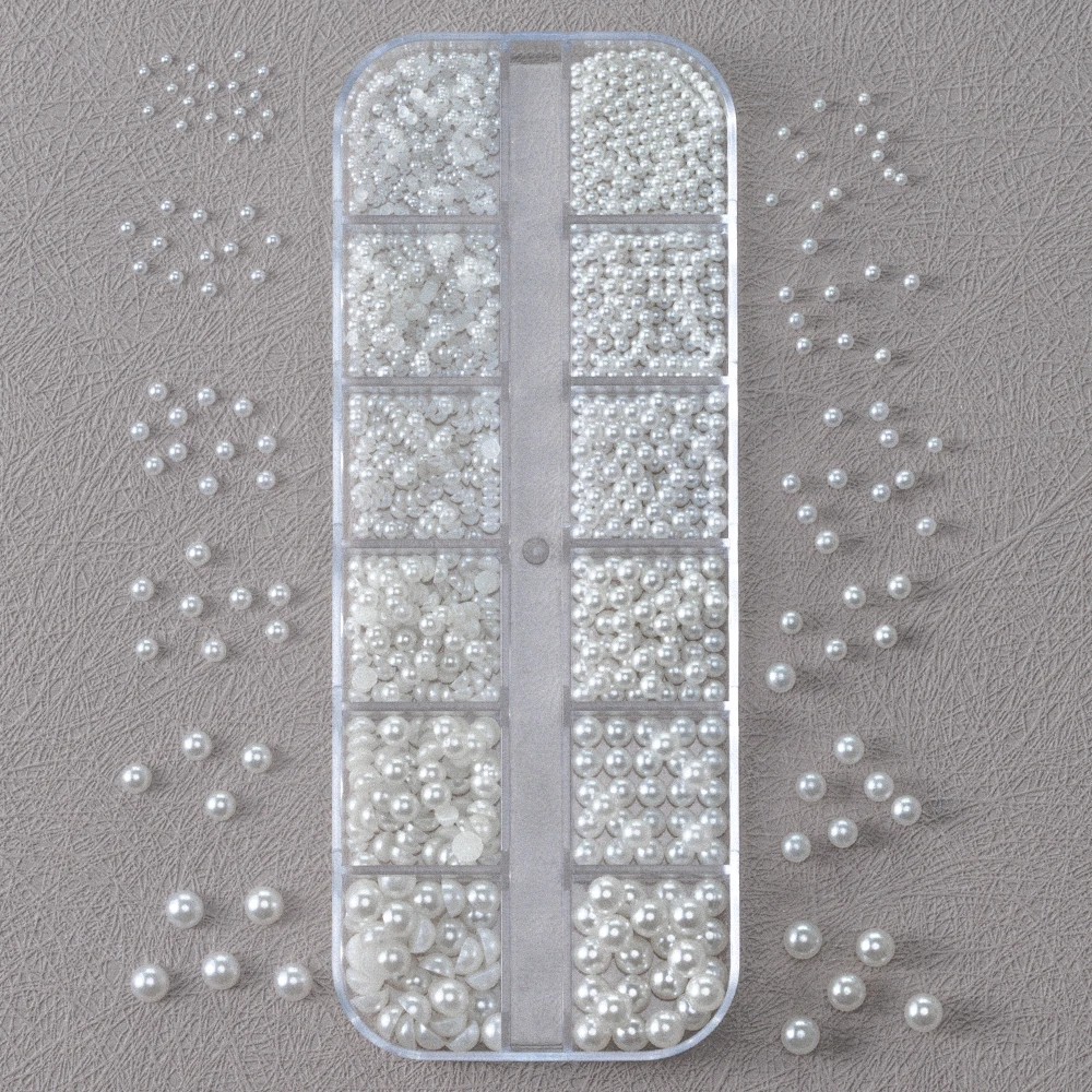 2Boxes High-gloss Pearl Steel Balls Nail Charm Mixed-size White Half Round Pearl Rhinestones Caviar Beads DIY Pearls Accessories