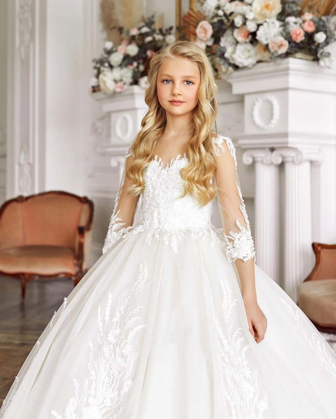 

White Princess Flower Girl Dress for Wedding Lace Tulle Floor Length Half Sleeves Kids First Communion Pageant Birthday Gown