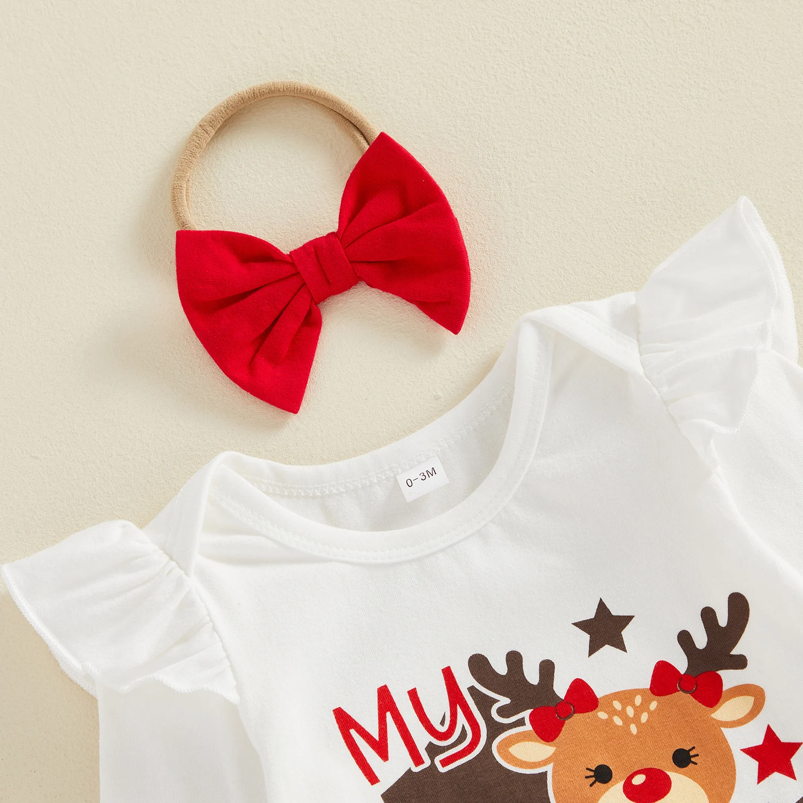 Baby Girl My First Christmas Outfit Cute Deer Print Romper Tulle Mesh Skirt Headband Socks Xmas Costume