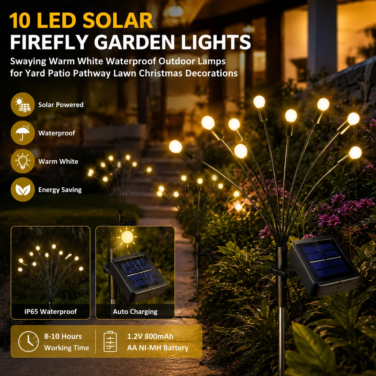 Solar Firefly Garden Stake Light 10 Led, Warm White Swaying Ball Waterproof Yard Pathway Patio Holiday