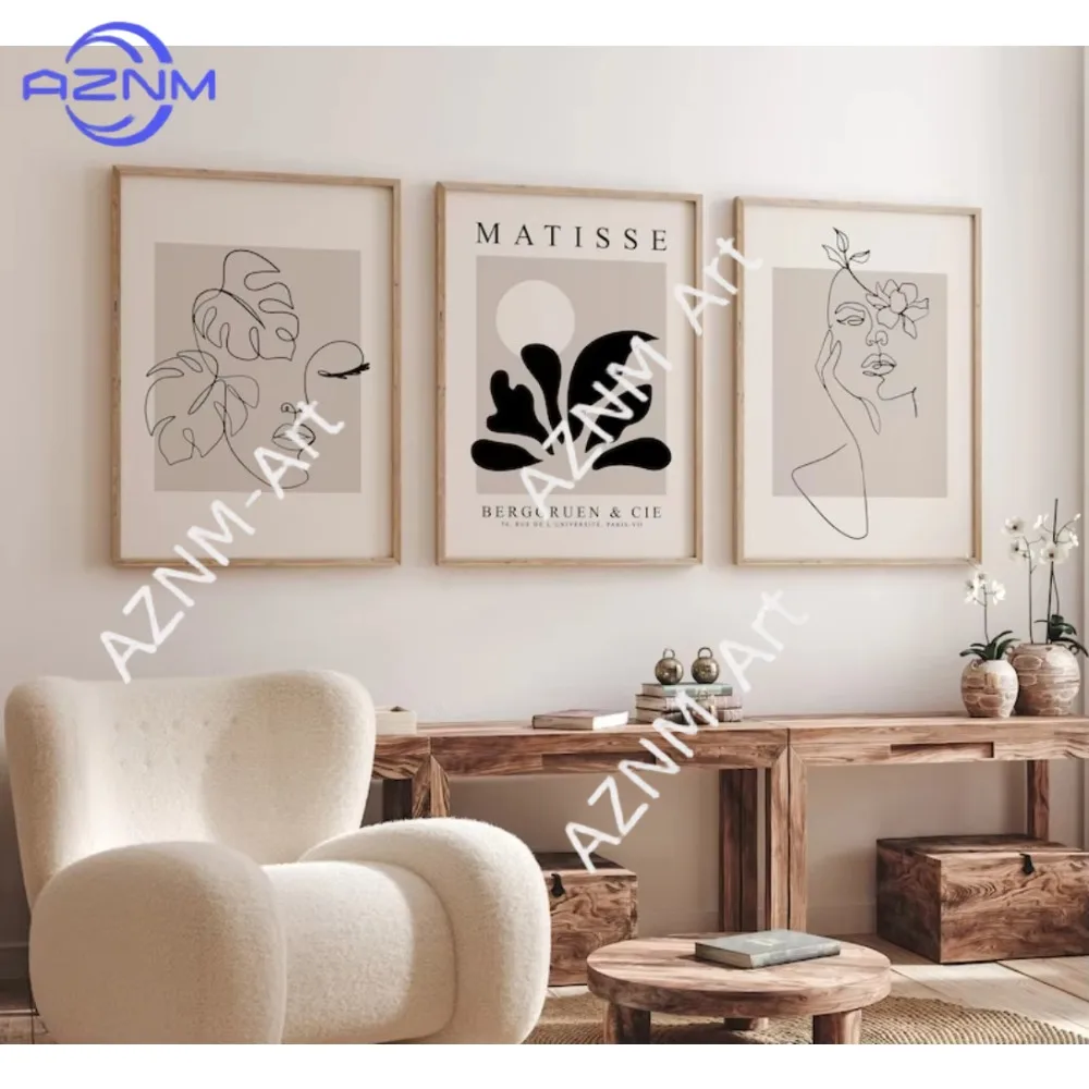 1 Stück/3 Stück Abstrakte Frauenfigur Kunstlinienzeichnung, Matisse Druckbare Poster, Böhmische Einfache Gesichtskonstruktion, Rahmenlose Leinwandmalerei