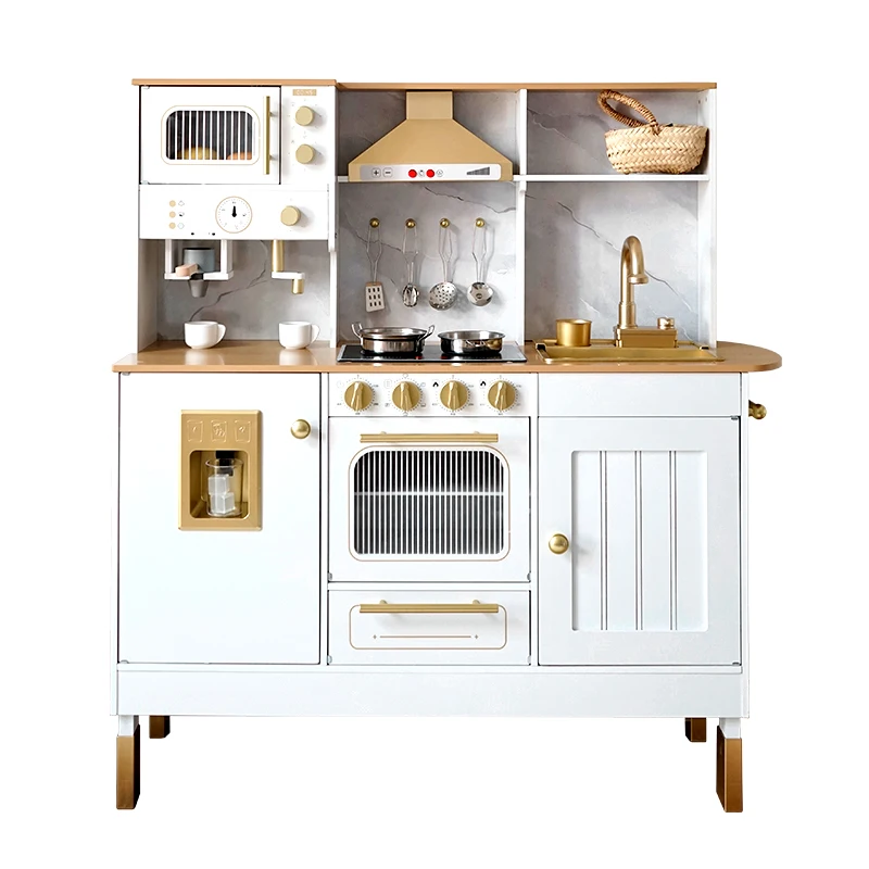 Wooden Gold Coffee Machine Kitchen With Light Sound And Water Features Fridge Cooking Set For Children