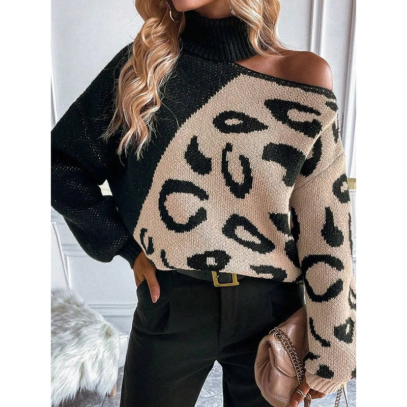 

Sexy Leopard Print Shoulder Bared Knitted Sweater High Collar Pullover mid Weight Long Sleeve Women's Fashion Commute Style