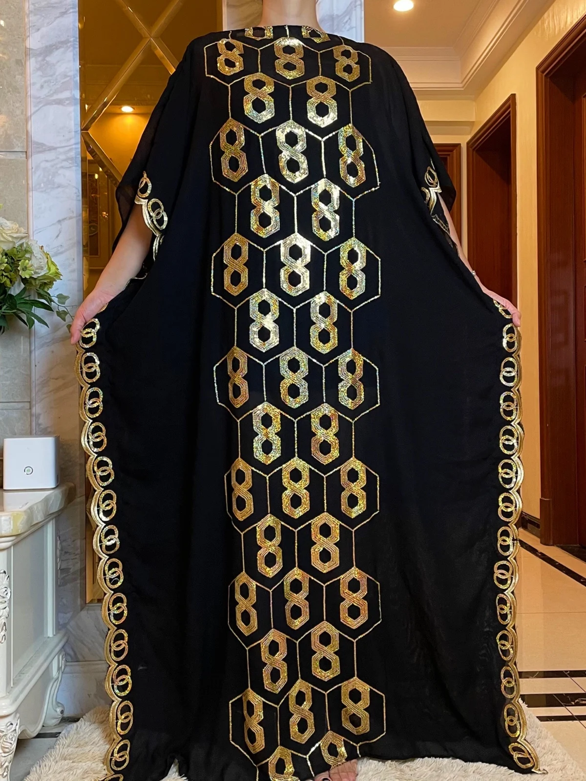 2021 New Arrival African Embroidery Flower Dresse With Scarf Big Size Women Muslim Sequin Embroidery Long Black Lady Clothes