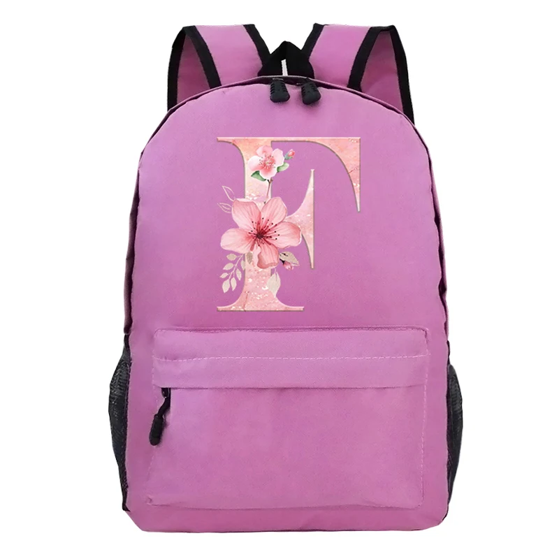 Pink Sakura Alphabet Backpack Shouder for Women Cherry Blossom Lover Teenagers Girls College Bag A-Z 26 Alphabet Bolsa Feminina