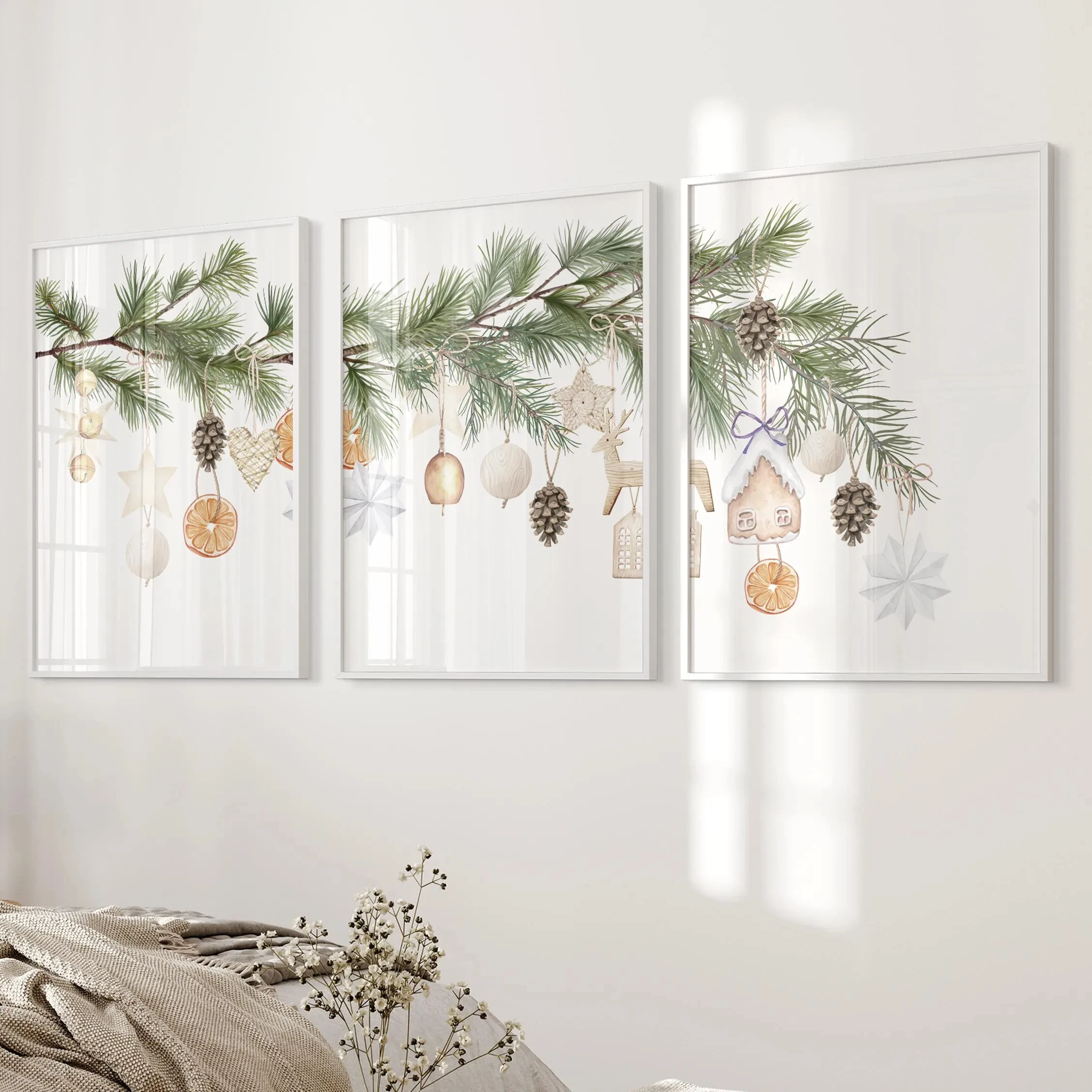 (3PCS Unframe)Set of 3 Pine Branch Christmas Wall Art Prints, Xmas Ornament Orange Slice Gingerbread House Poster, Farmhouse Hol