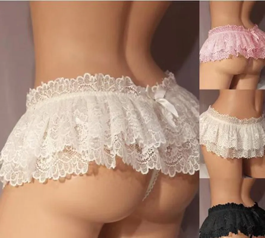 Sissy Mens underwear Lace cueca Ruffled Mini string Skirt Crossdress Costume Panty Skirt g-string Gay men thong bikini Briefs