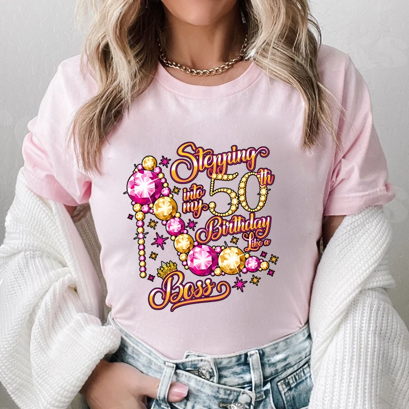 50th Birthday Boos Women T-shirt Shiny Diamond Graphic Tops Ladies 50th Fabulous Birthday Party Clothing Short Sleeve Tees