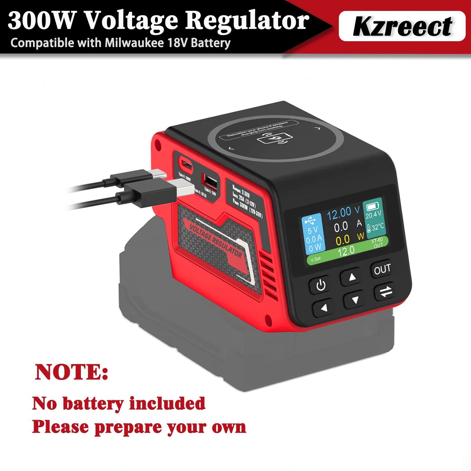 

Регулятор напряжения Kzreect 300 Вт с беспроводной зарядкой и портом Type-C 100 Вт, совместимый с аккумулятором Milwaukee 18 В, аксессуар для кемпинга