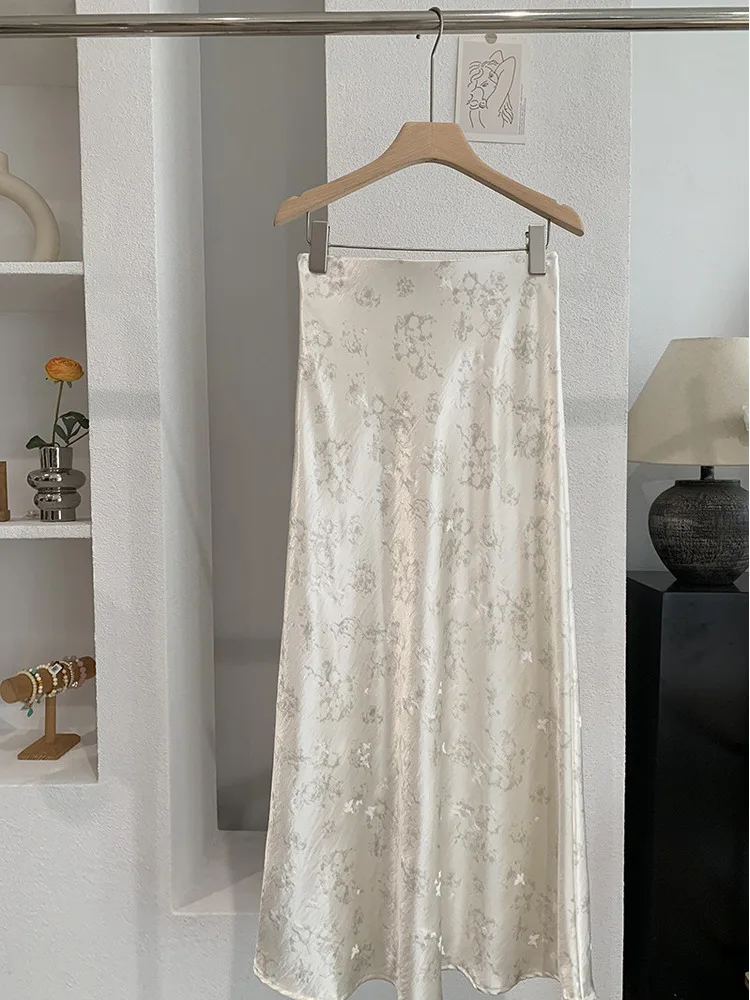 Butterfly Print Satin Fishtail Skirt For Women 2026 Spring Summer New Elegant Trend Slimming Bodycon Long Skirt
