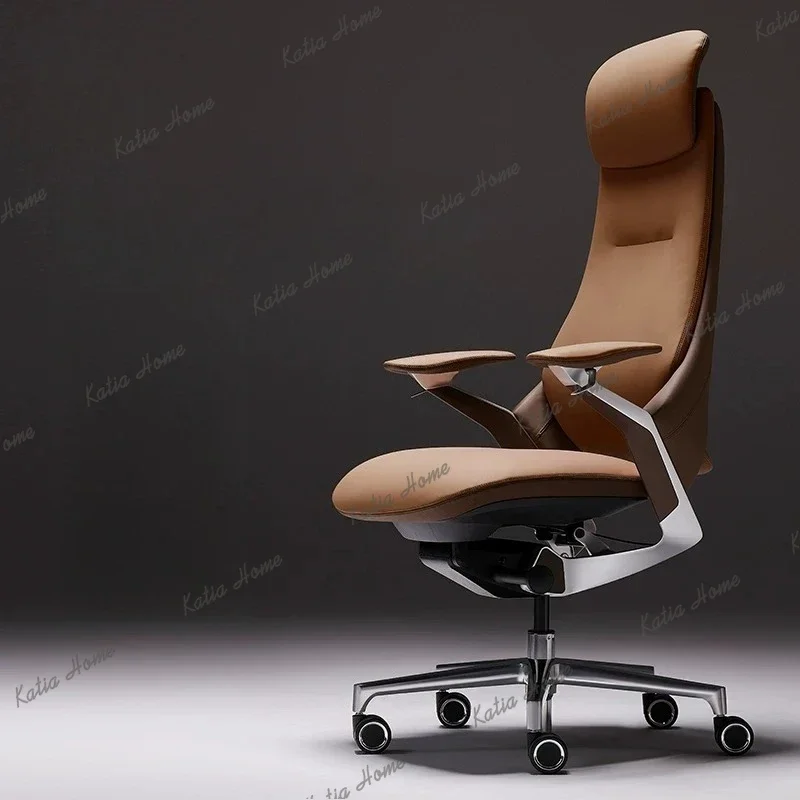 Genuine Leather Ergonomic Executive Chair Light Luxury Swivel Boss Office Chair for Long-hour Working Home