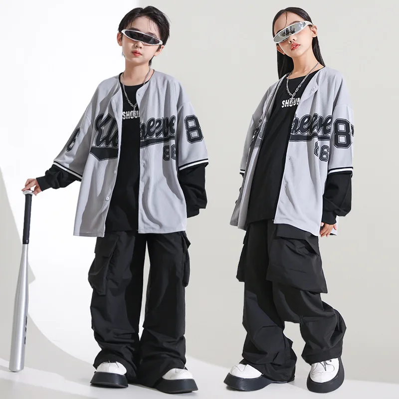 Kid Hip Hop Clothing Grey Cardigan Shirt Top Black Casual Pocket Wide Ruched Cargo Pants for Girl Boy Jazz Dance Costume Clothes