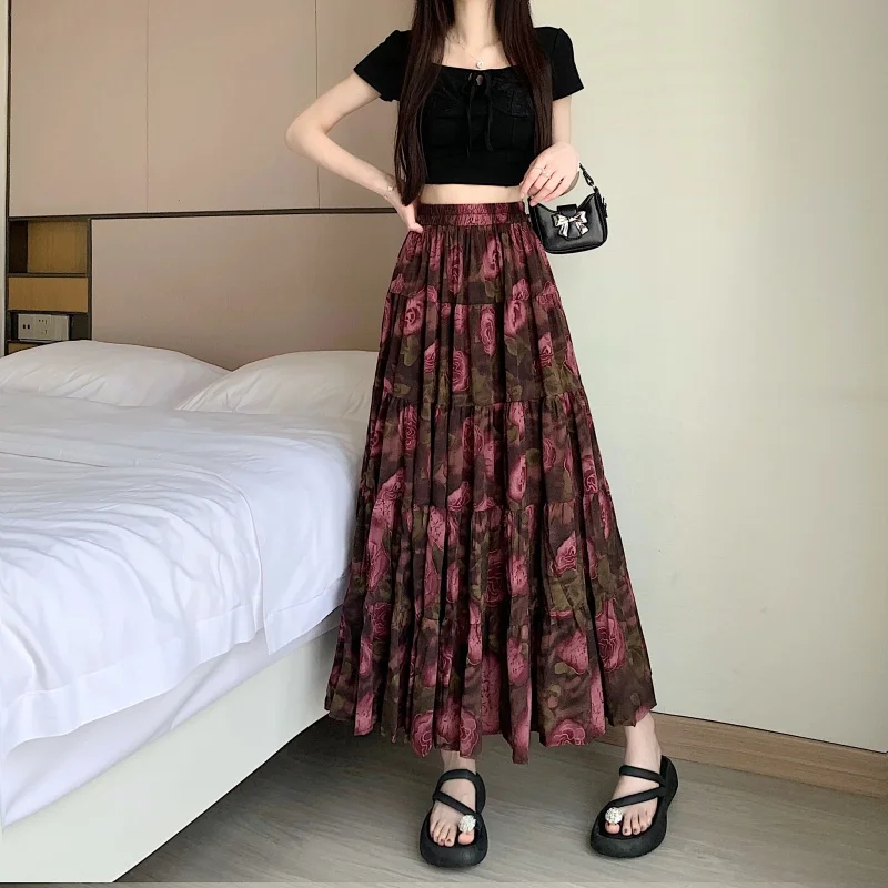 

Ретро-юбка с цветочным принтом и вставками, женская, на резинке, утягивающая, миди, А-силуэт, плиссированная, из полиэстера