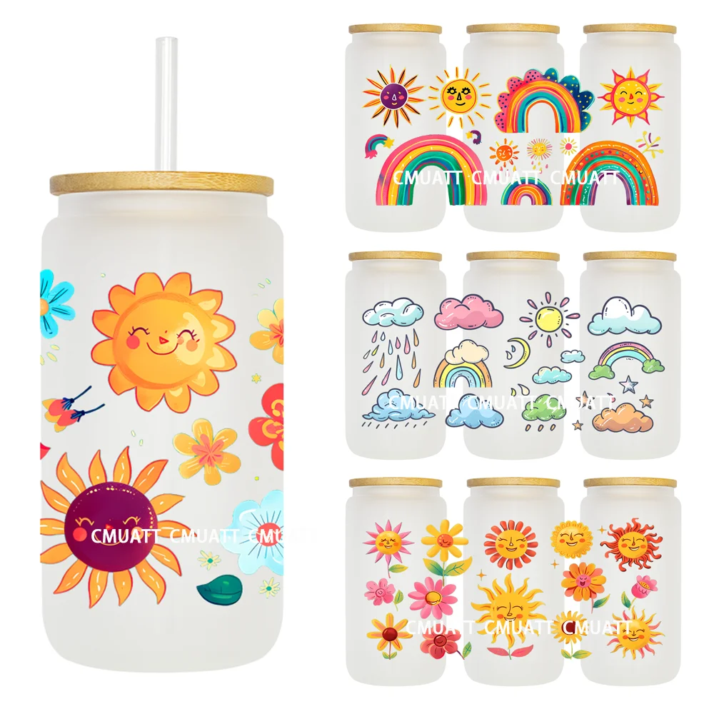 Rainbow With Sunshine 16OZ UV DTF Cup Wrap Transfer Stickers Custom Labels DIY  Waterproof Logo For Libbey Glass Can Weather