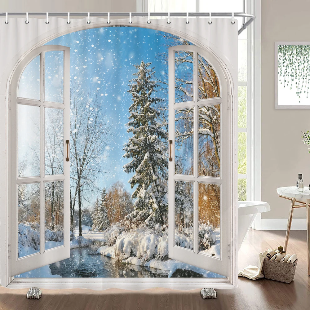 

Nature Scenery Cedar Snow Scene Christmas Shower Curtains Bathroom Curtain Frabic Waterproof Polyester Bath Curtain with Hooks
