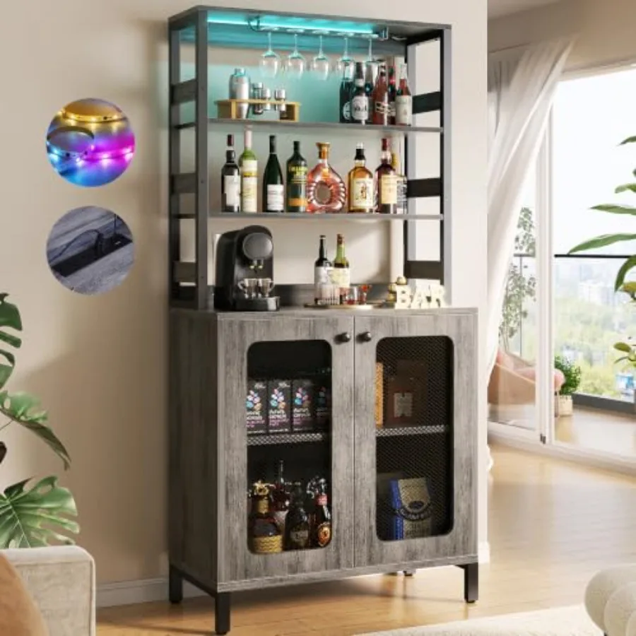 Bar Cabinet with Power Outlets for Home Bar Setup, 67 Tall Modern Wine Bar Cabinet in Walnut Finish with LED Lighting and Adjus