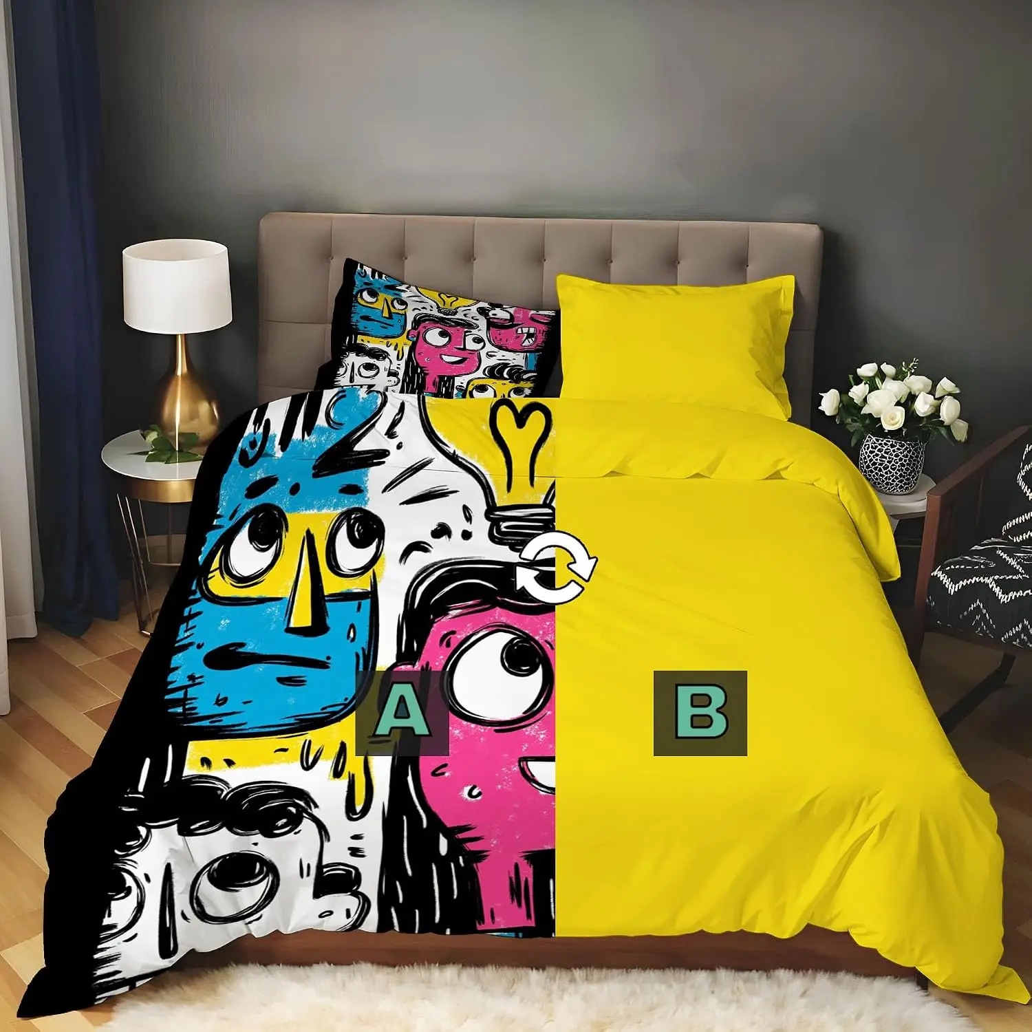 Cartoon Graffiti Duvet Cover Set Anime Characters Bedding Set with 2 Pillow Cases Modern Fashion Quilt Cover Super King Size