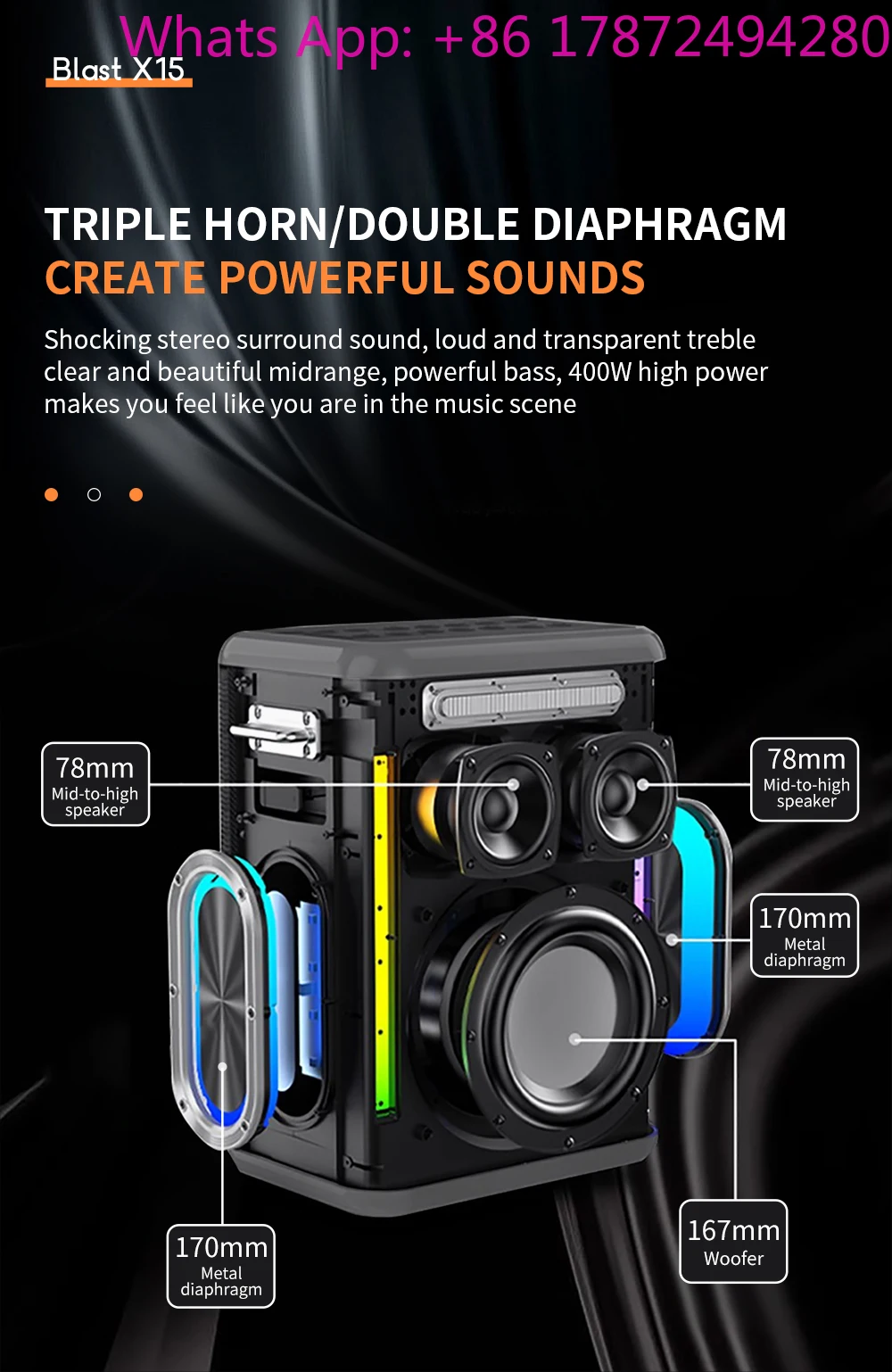 400W X15 Portable Wireless Party Speaker with RGB Light High Power Subwoofer Karaoke Boombox System