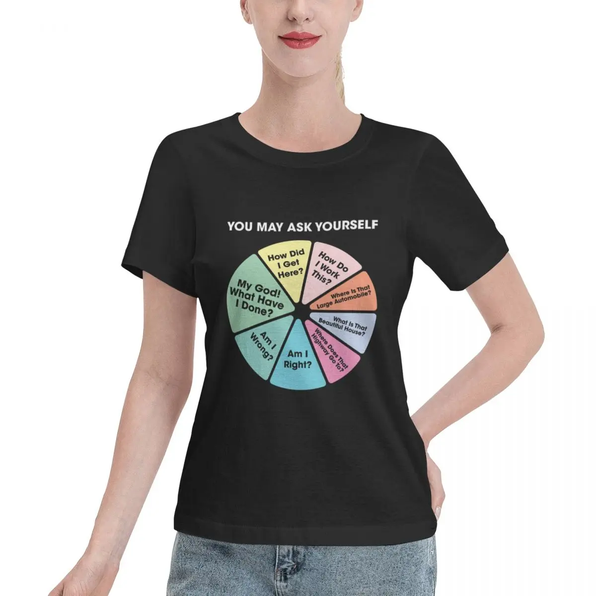 Value Pack 80 S Music Retro Lyrics - You May Ask Yourself Pie Chart Camiseta para mujer, cómoda, de corte relajado