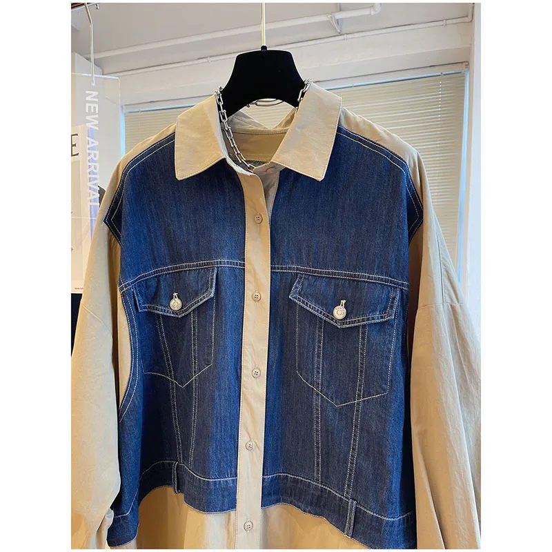 2024 Loose Joker Casual And Comfortable Denim Stitching Shirt Men Women Long Fake Two-Piece Vest Button Pocket Stitching Coat