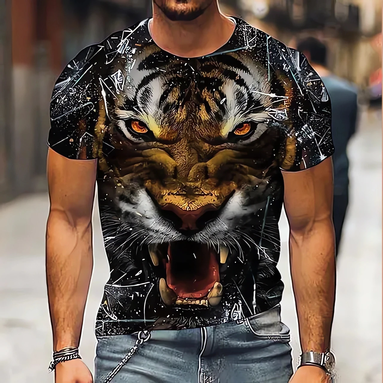 3D Printed Tiger Pattern T-shirt Top Fashion Men\'s Animal Pattern T-shirt Super Street Headwear Round Neck Fashion Clothing