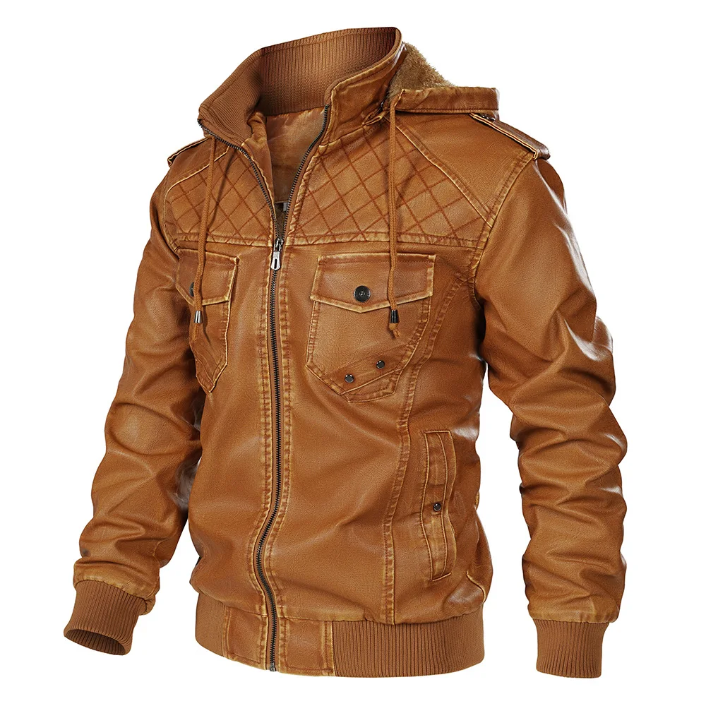 2024 New Autumn and Winter European and American Hooded and Velvet Leather Jacket Men's Warm Coat European Size