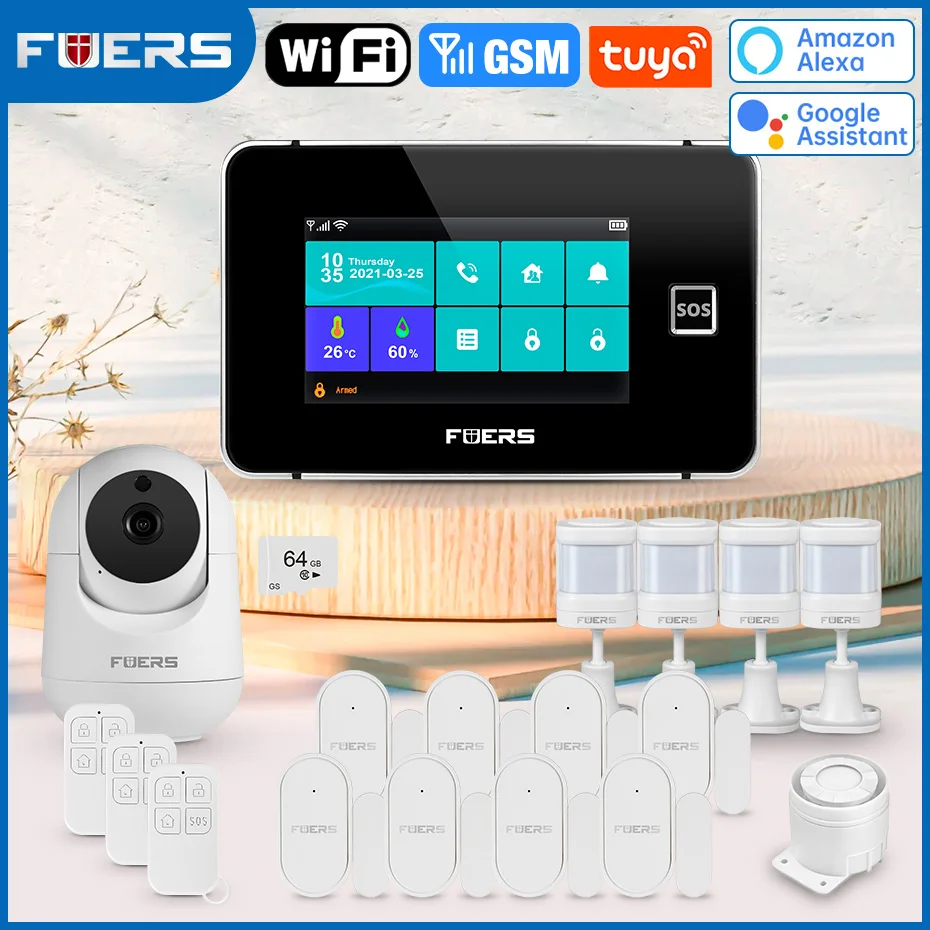 FUERS 4.3 Inch WiFi Wireless Alarm System For Home Security GSM Home Alarm Kit With Siren Tuya Smart Life PIR Motion Sensors