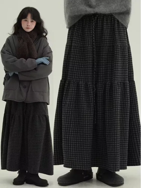Retro retalhos xadrez a linha midi saia cintura elástica emagrecimento versátil tamanho grande roupas femininas casuais saias longas