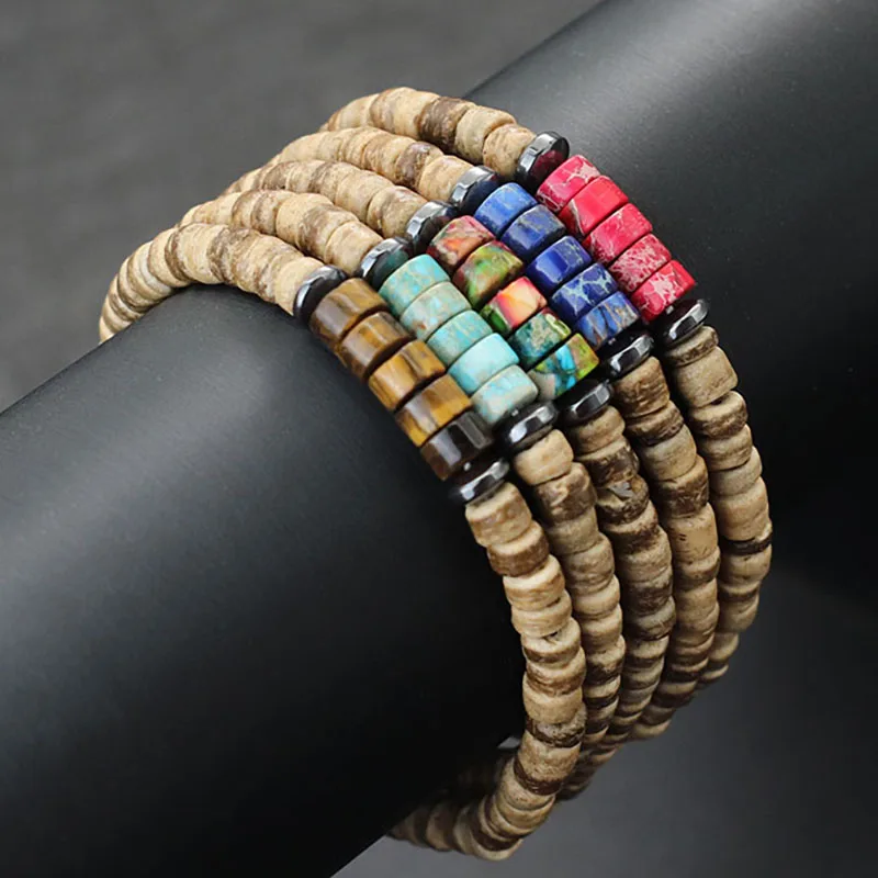 Casual Natural Coconut Husk Beads Bracelet Unisex Grade A Irregular Emperor Stone Hematite Braclet Beach Surfing Couple Jewelry