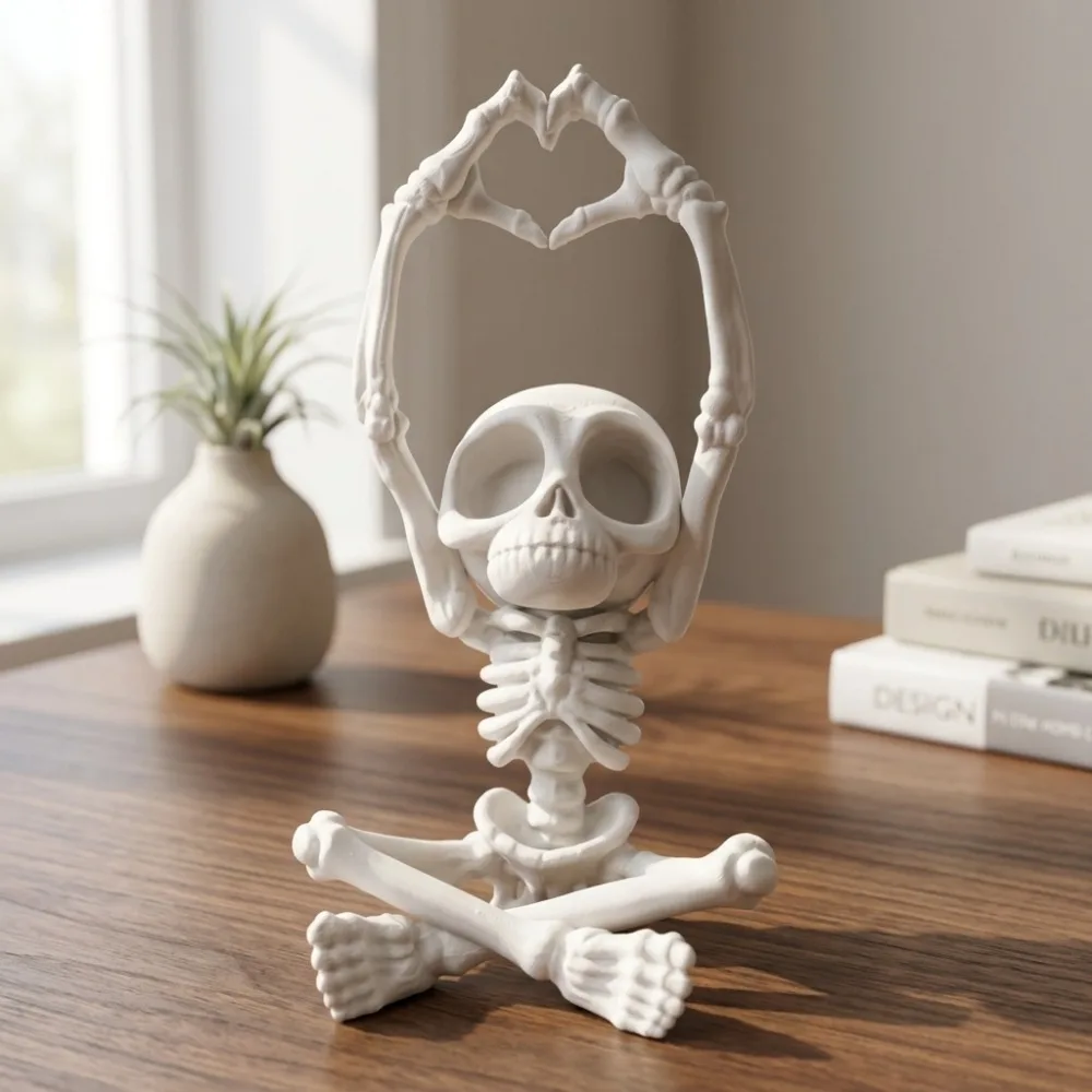3D Printed Heart Hands Skeleton Figurine, Cute Gothic Skull Statue, Funny Desk Decor for Living Room, Office, Bedroom &Halloween