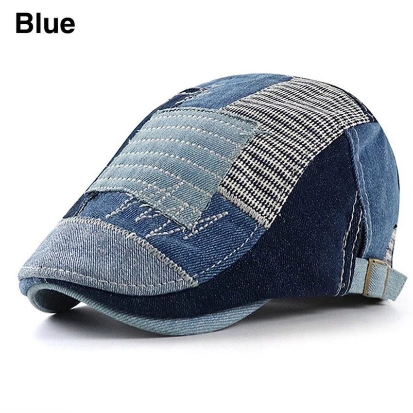 New Unisex Cotton Beret Hat Splicing Peaked Cap Flat Caps Leisure Duckbill Cap Outdoor Travel Sunhat Denim Cap