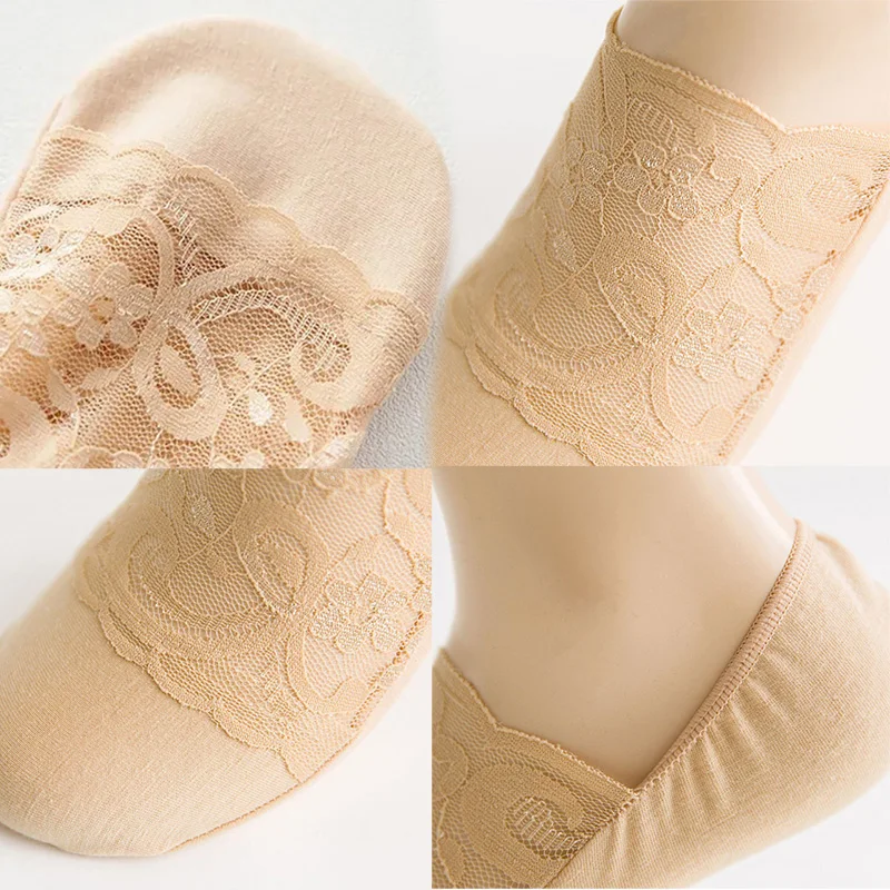 Image 7: 1 paire de chaussettes d'été pour femmes et filles, style dentelle, fleurs, courtes, antidérapantes, invisibles, 5 couleurs