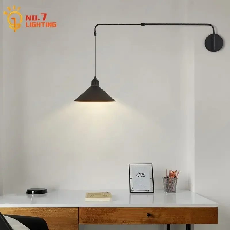 Industrial Long Pole Swing Arm Black Wall Light LED Bracket Lamp Adjustable Telescopic Rotary Interior Wall Sconces Bedroom Sofa