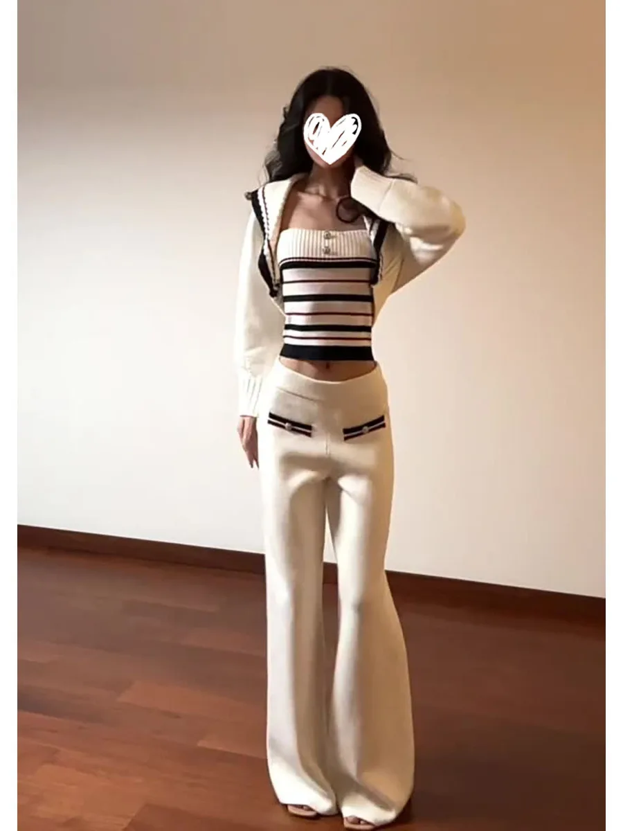 

Women's Knitted Cardigan Sleeveless Vest Set Casual Striped Necktie Autumn Winter Three-piece Fashion Outfit High Waist Pants