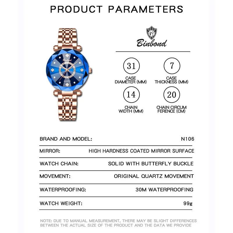 BINBOND Fashion Women's Quartz Watch Elegant For Heart of The Ocean Mirror Face Waterproof Business Lady Watch Relogio Feminino