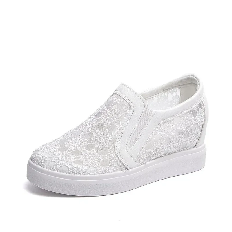 2024Lace Women Shoes  Spring Summer Wedges  For  Black White Breathable  Flower Sneakers  Loafers