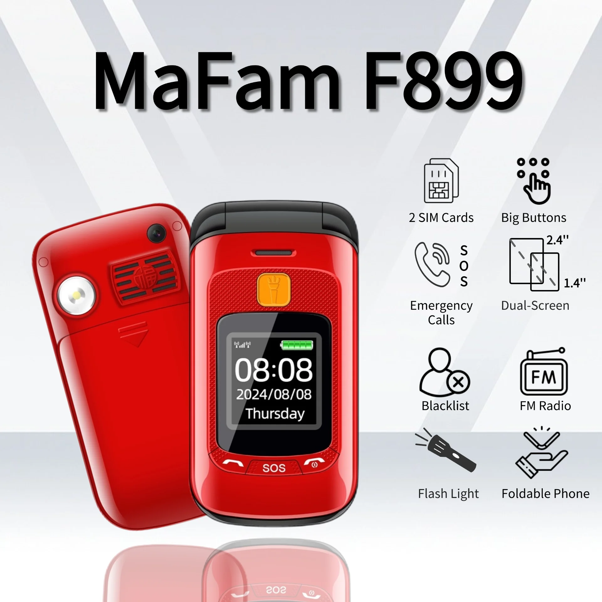 Mafam F899 Senior Flip Dual Display Feature Phone SOS 2Sim Big Button Dial Torch Clamshell Mobile Retro Style Durable Phone