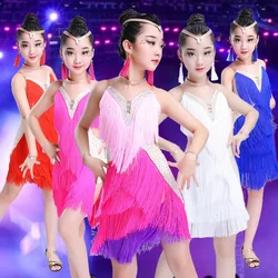 Girls Latin Dance Dress White Tassel Latin Ballroom Costumes Tango Samba Dance Dress Ballroom Fringe Dress Costumes