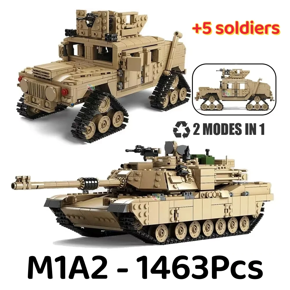 KY10000 2in1 Military M1A2 Abrams MBT Tank Model Army Cannon Chariot Set Soldier Figures Building Blocks Toys for Gift 1463Pcs