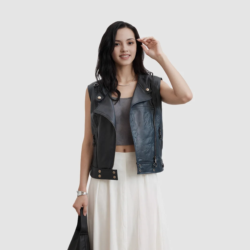 

KIDCRKJ Spring Women's Leather Vest Short Sleeveless Zioper Fly PU Mtorcycle Jacket For Female Belted Highstreet Punk Lady Coat