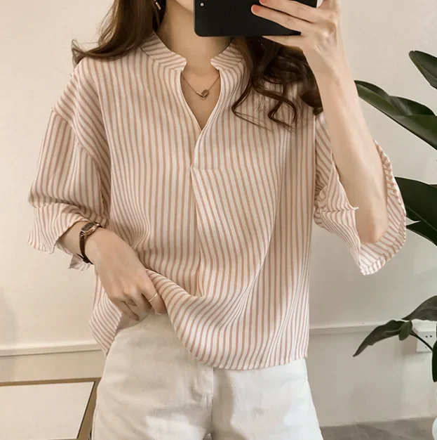 New 2024 Summer Plus Size Women's Loose-Fit V-Neck Striped Shirt Casual Chic Korean Style Shirt With Button Down