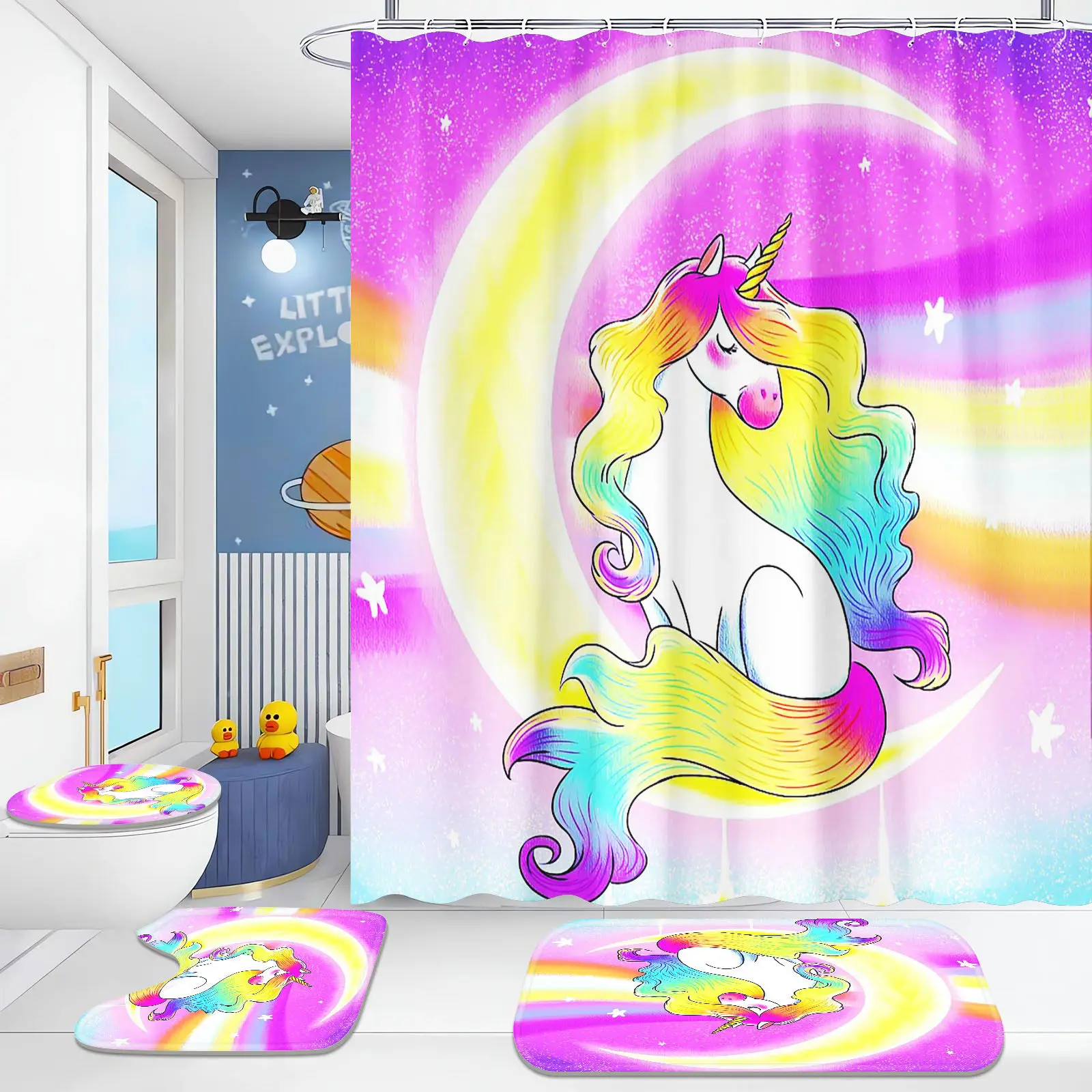 Unicorn Luxury Bathroom Accessories Shower Curtain 4 Piece Set Mats  Anime Waterproof For Curtains Home Cartoon Cute